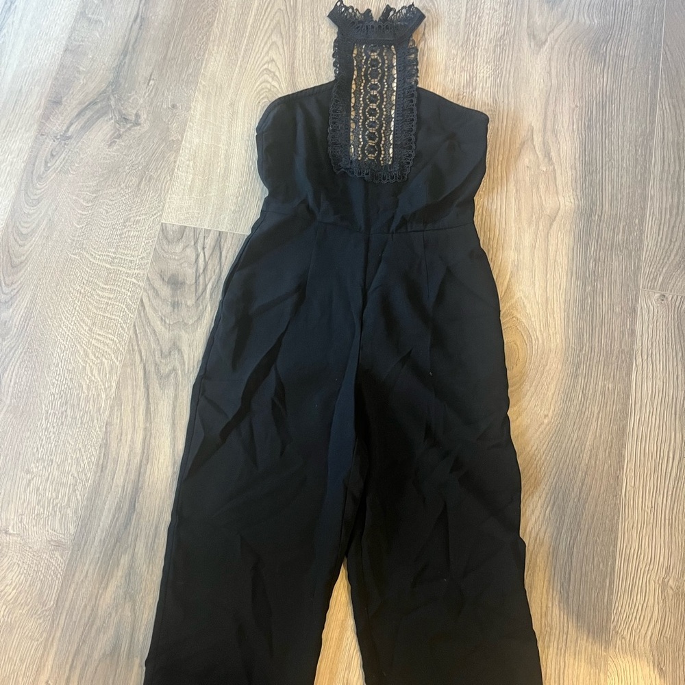Yigal Azrouel x Aqua collab black jumpsuit high neck lace XS Bloomingdales